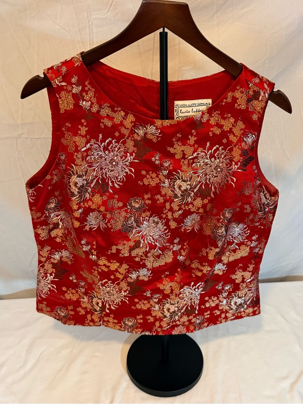 Vintage Lucia Lukken Red Asian-Inspired Floral Sleeveless Top Size Large (KK20)